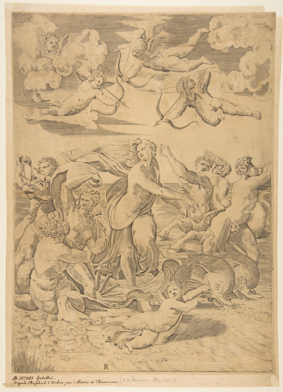Galatea rider i en skal trukket gennem vandet af delfiner, en amor under og f..., ca. 1515-27. af Marco Dente
