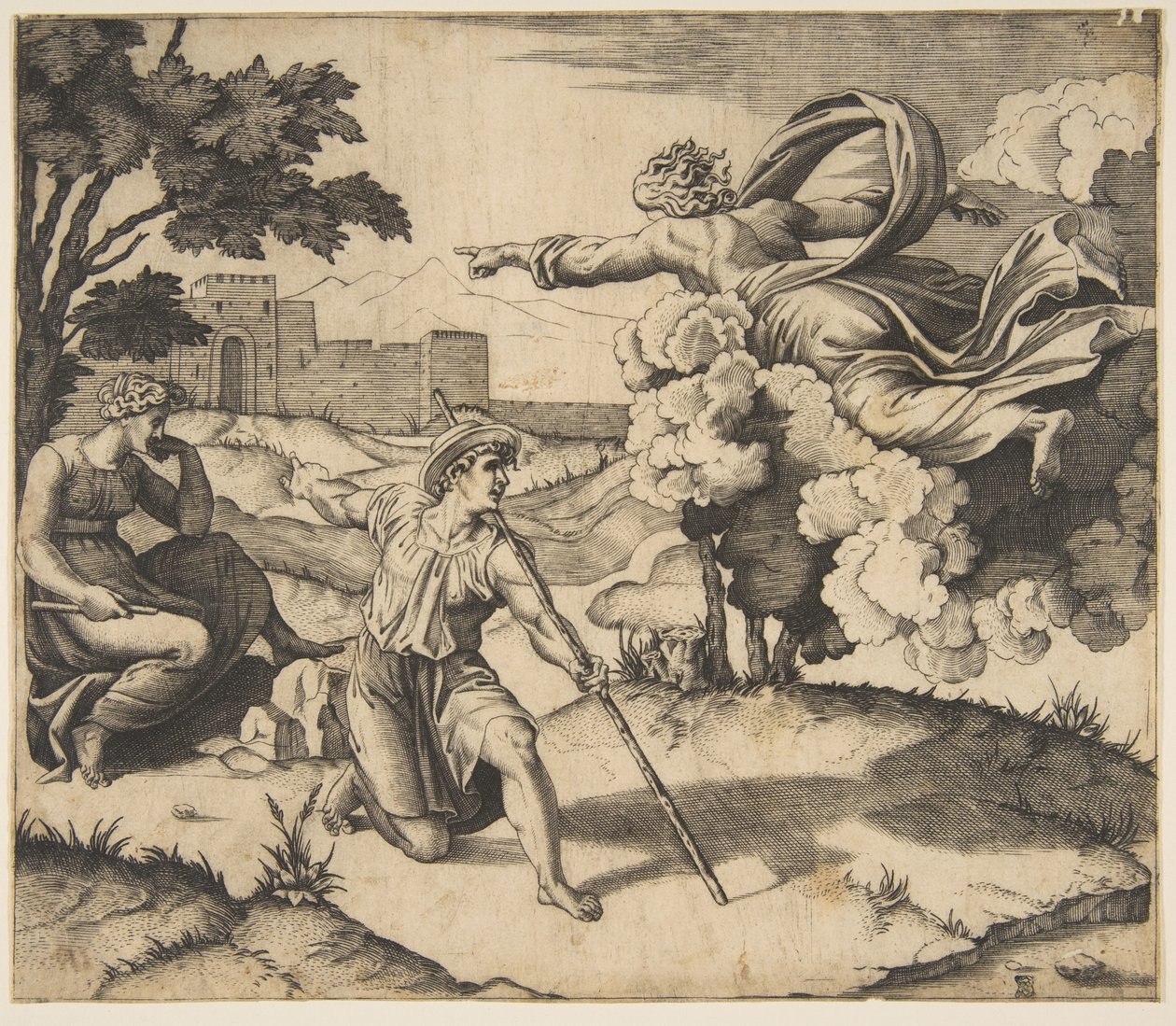 Gud viser sig for Isak, Gud svæver i skyer og peger mod Rebecca, der sidder under..., ca. 1515-27. af Marco Dente