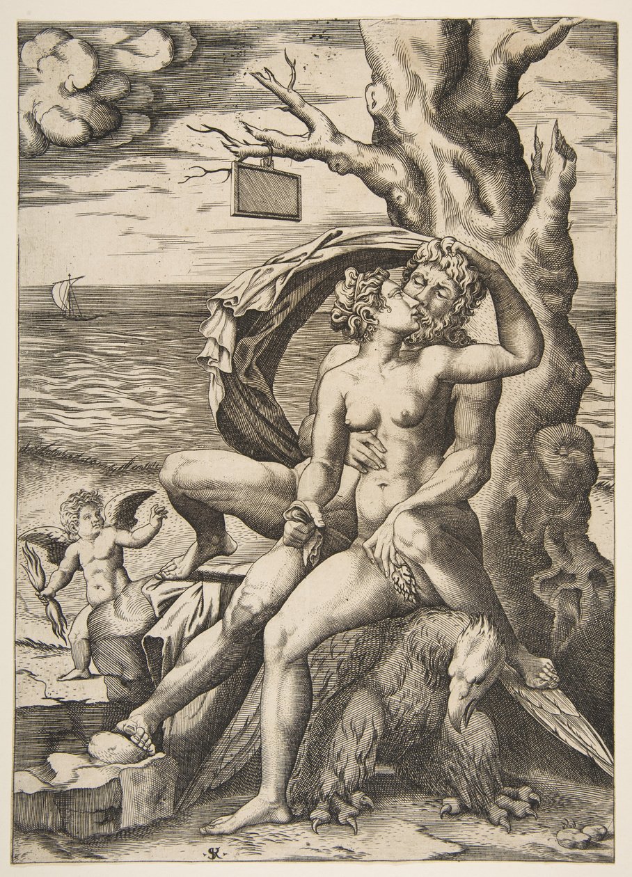 Jupiter og Semele omfavner, en ørn under dem, et træ til højre med en blank t..., ca. 1515-27. af Marco Dente