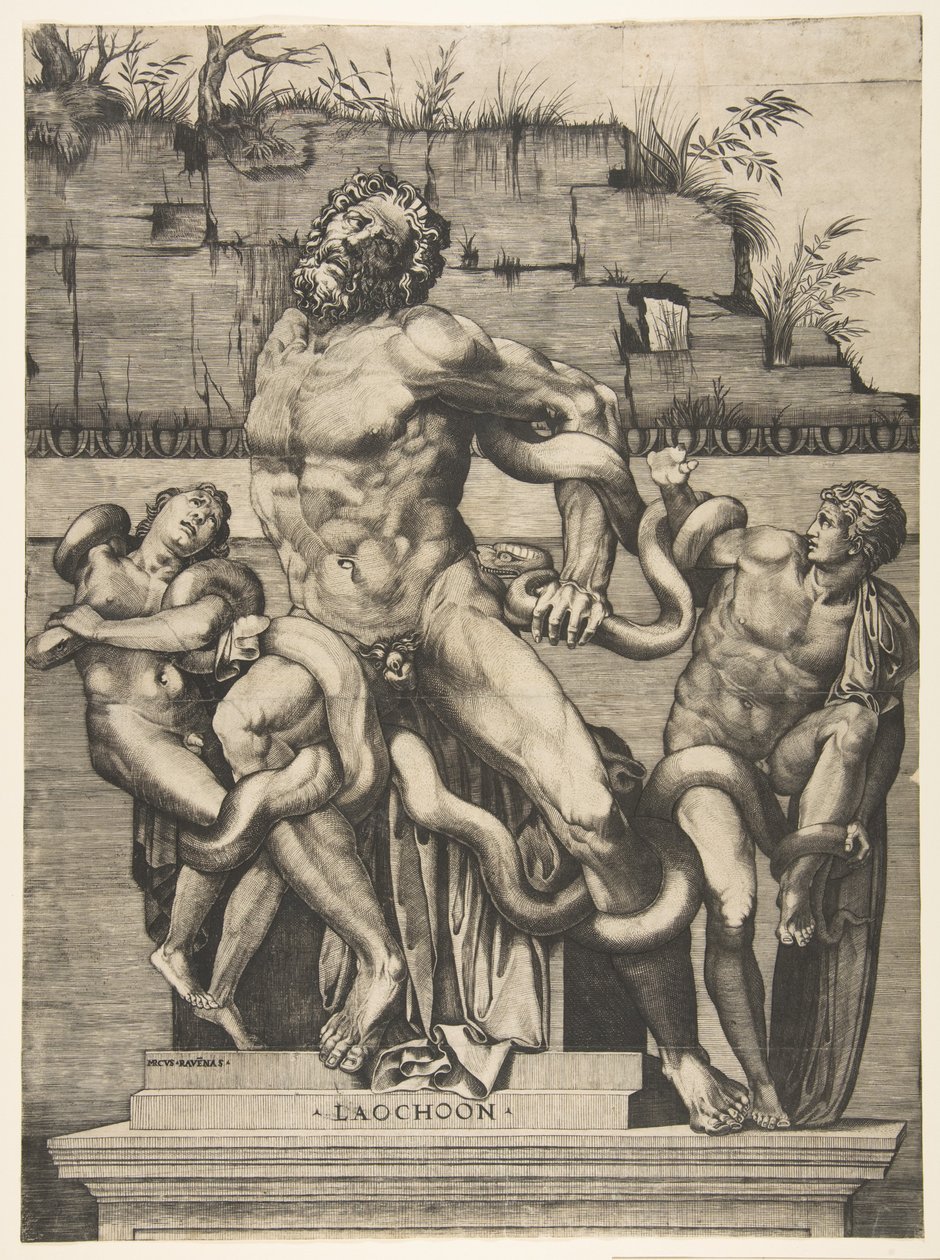 Laocoön og hans sønner bliver angrebet af slanger, ca. 1515-27. af Marco Dente