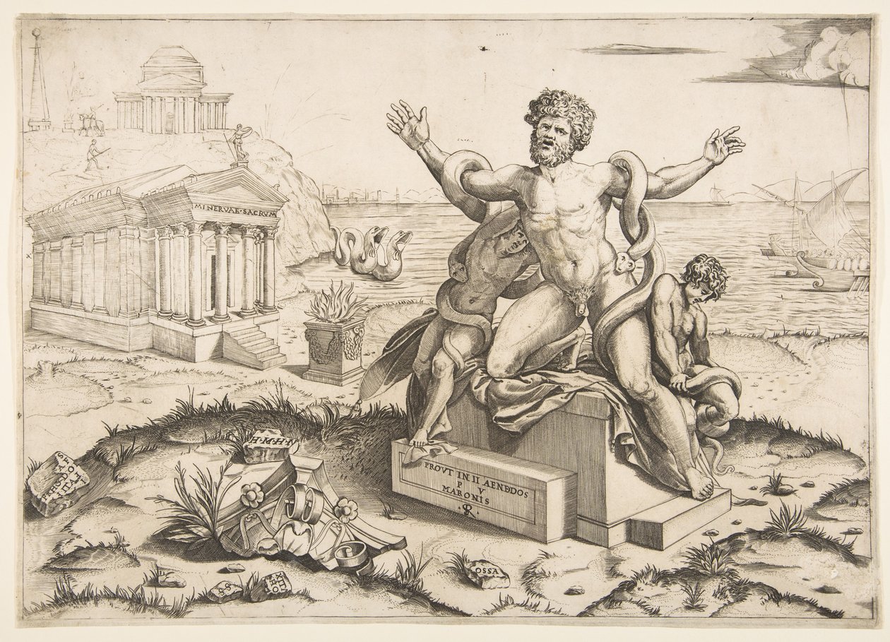 Laocoön og hans to sønner bliver angrebet af slanger på en piedestal, et tempel til Mi..., ca. 1515-27. af Marco Dente
