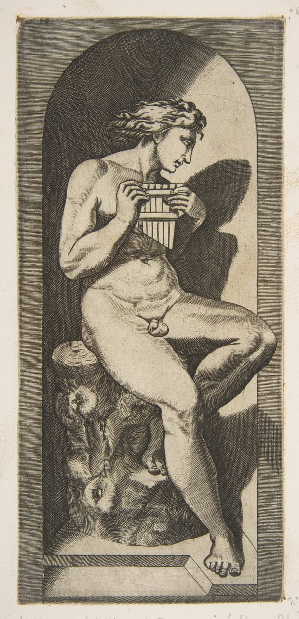 Olympus nøgen siddende på en træstub med rør, sat i en niche, ca. 1515-27. af Marco Dente