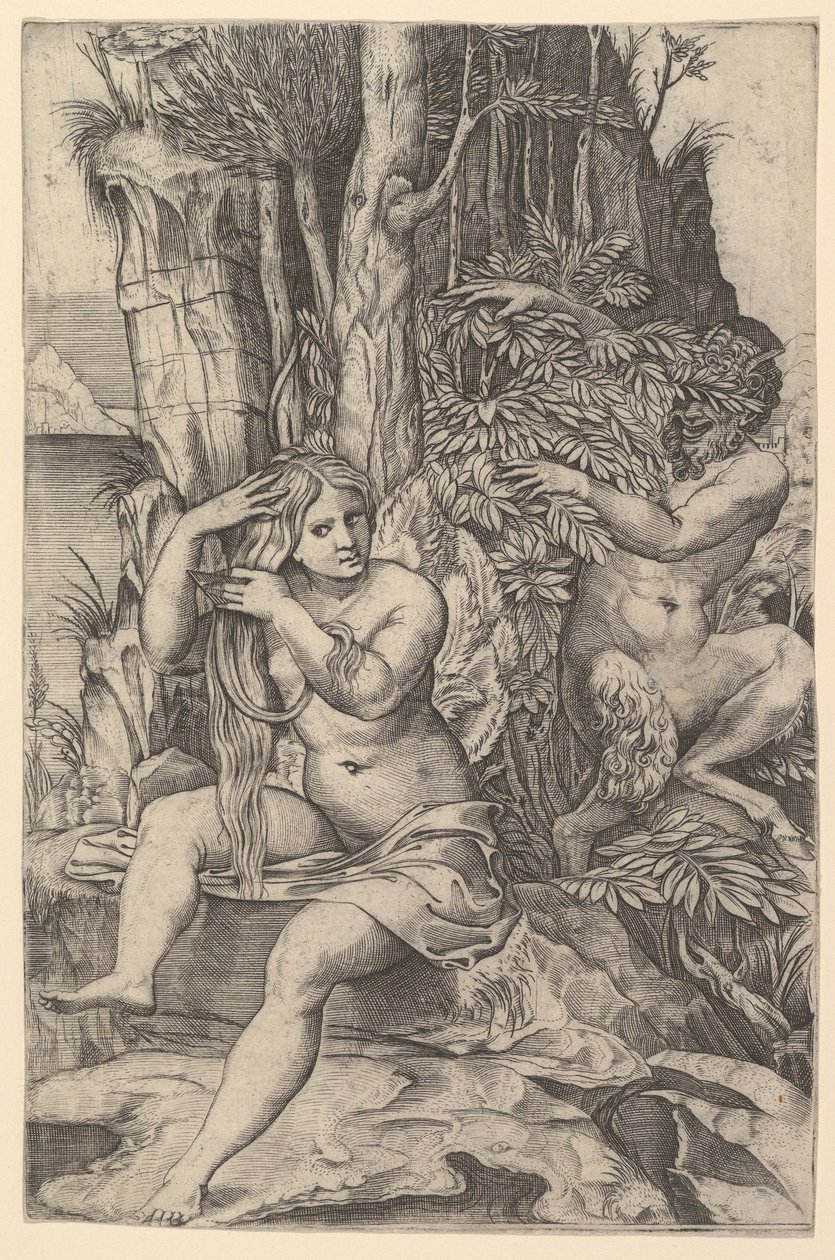 Pan spionerer på nymfen Syrinx, der sidder på en sten og reder sit hår, ca. 1516-20. af Marco Dente