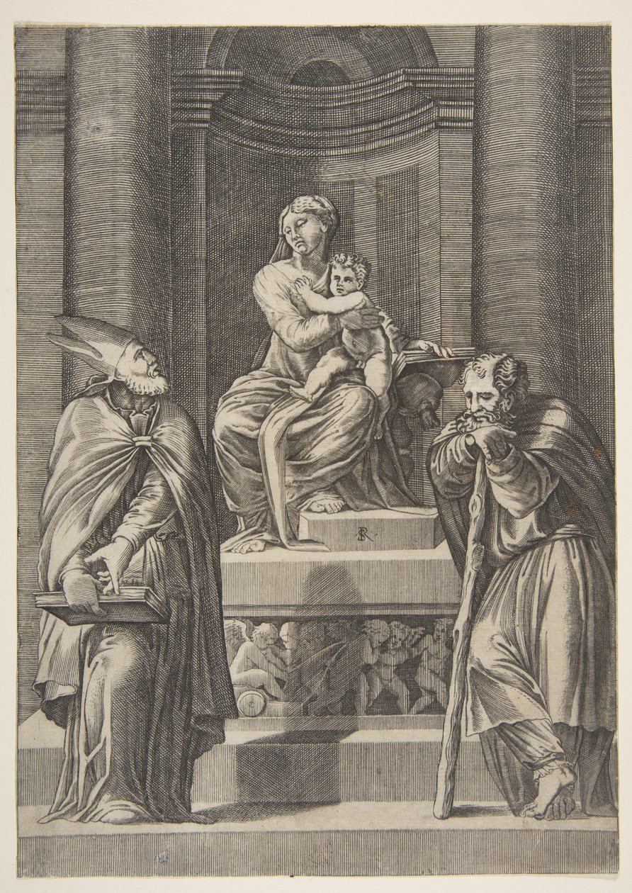 Sankt Josef til venstre og en biskop til højre stående foran Jomfruens alter ..., ca. 1515-27. af Marco Dente