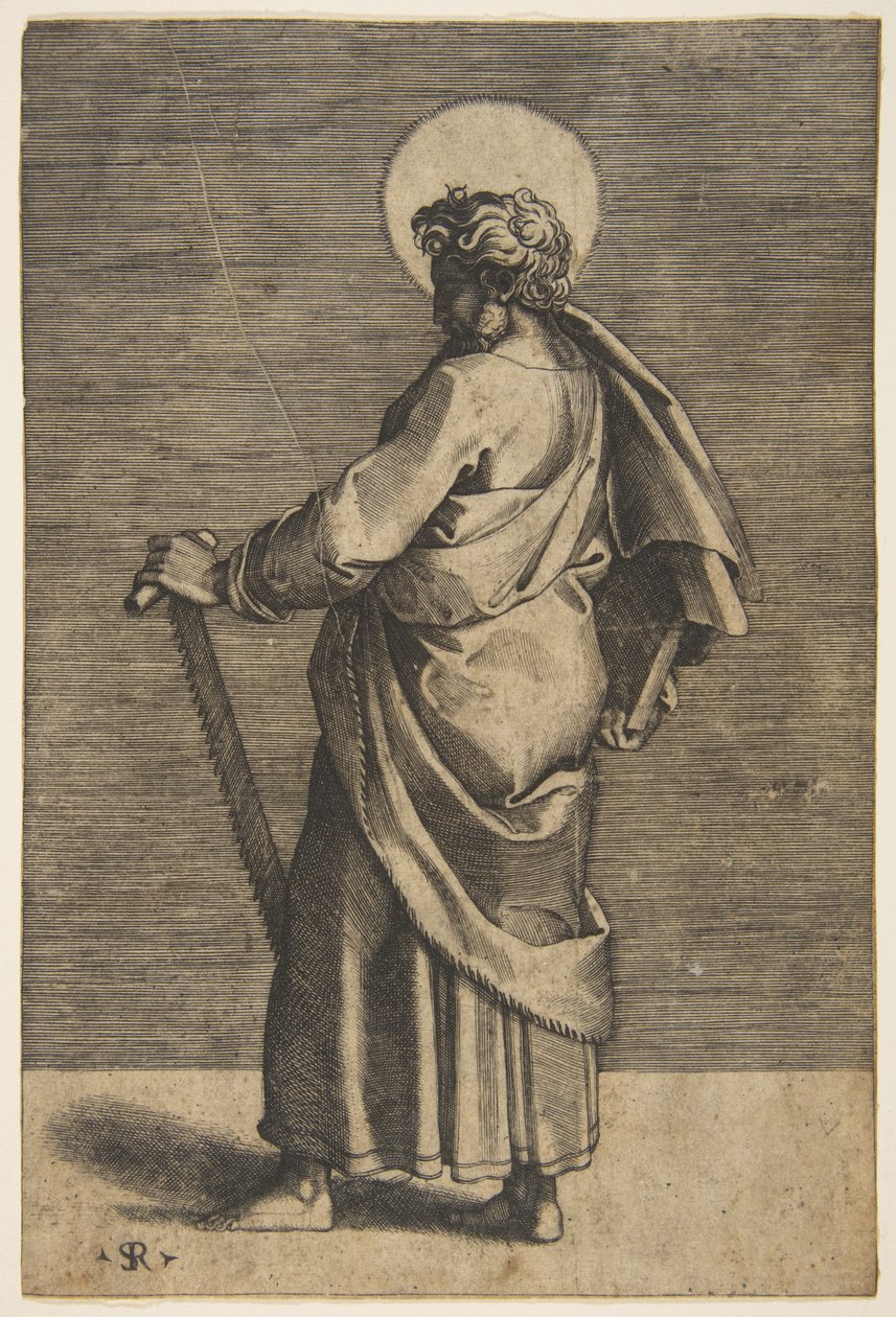 Sankt Simon står vendt mod venstre og holder en sav og en bog, ca. 1515-27. af Marco Dente