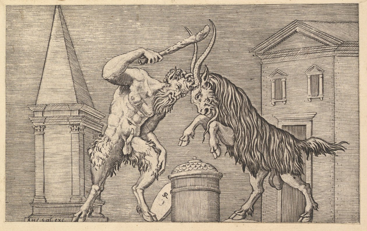 Mirror of Roman Magnificence: A Satyr and a Ram Clashing, 1500-tallet. af Marco Dente