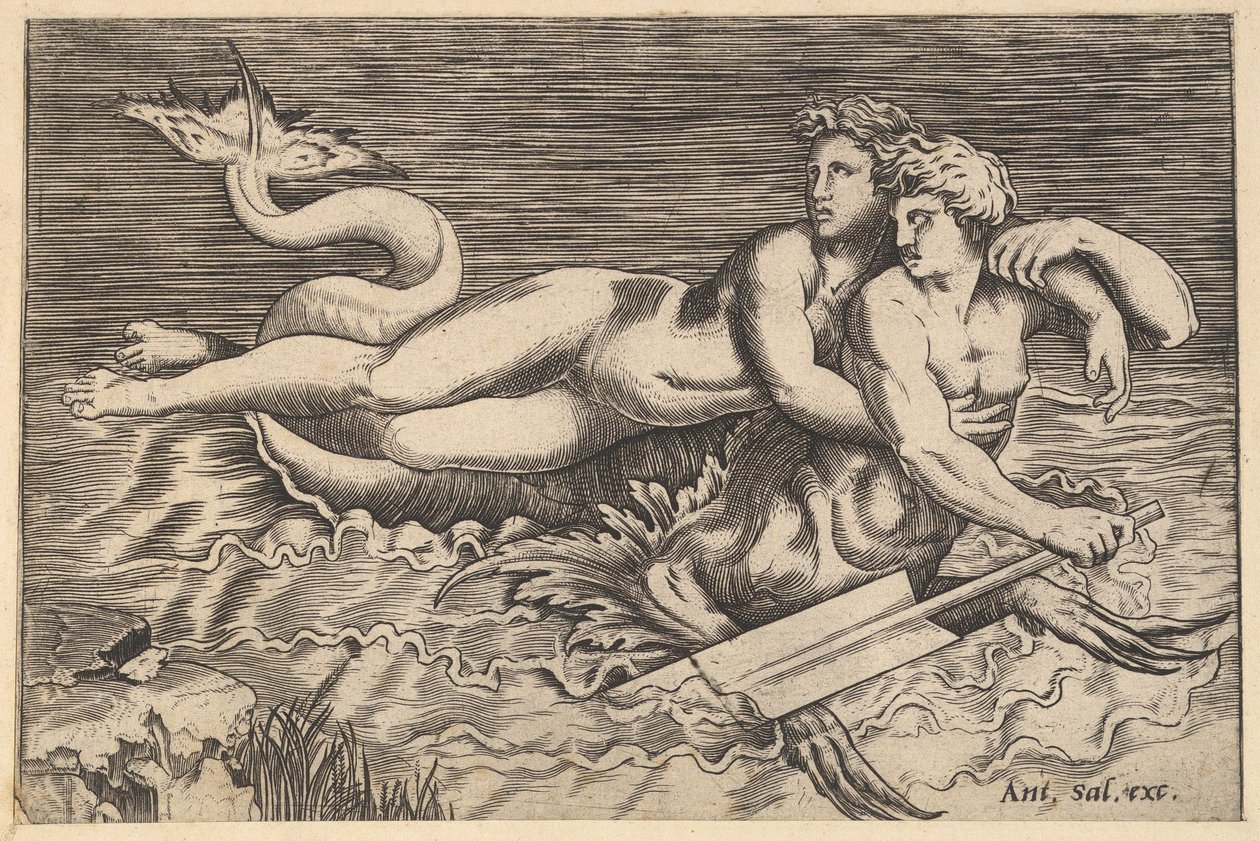 The Mirror of Roman Magnificence: A Triton Carrying off a Nymph, 1500-tallet. af Marco Dente
