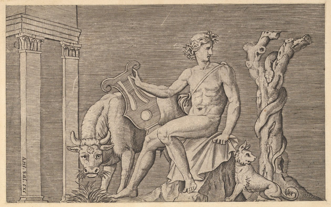 Mirror of Roman Magnificence: Apollo Tending the Flocks of Admetus, 1500-tallet. af Marco Dente