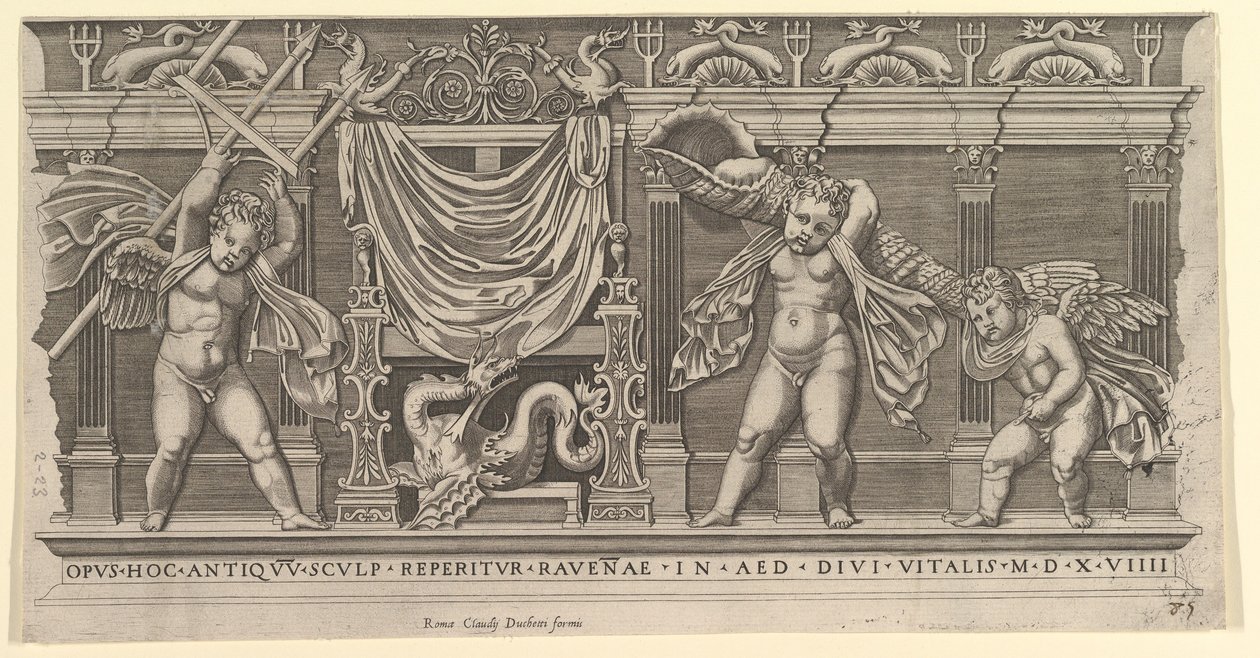 Mirror of Roman Magnificence: Bas-relief med tre amoriner, 1519. af Marco Dente