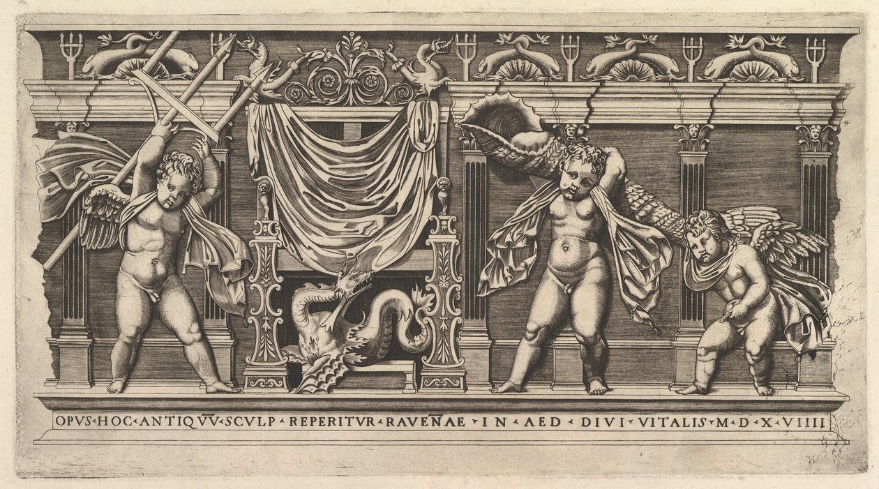 The Mirror of Roman Magnificence: Bas-relief med tre amoriner, 1519 af Marco Dente