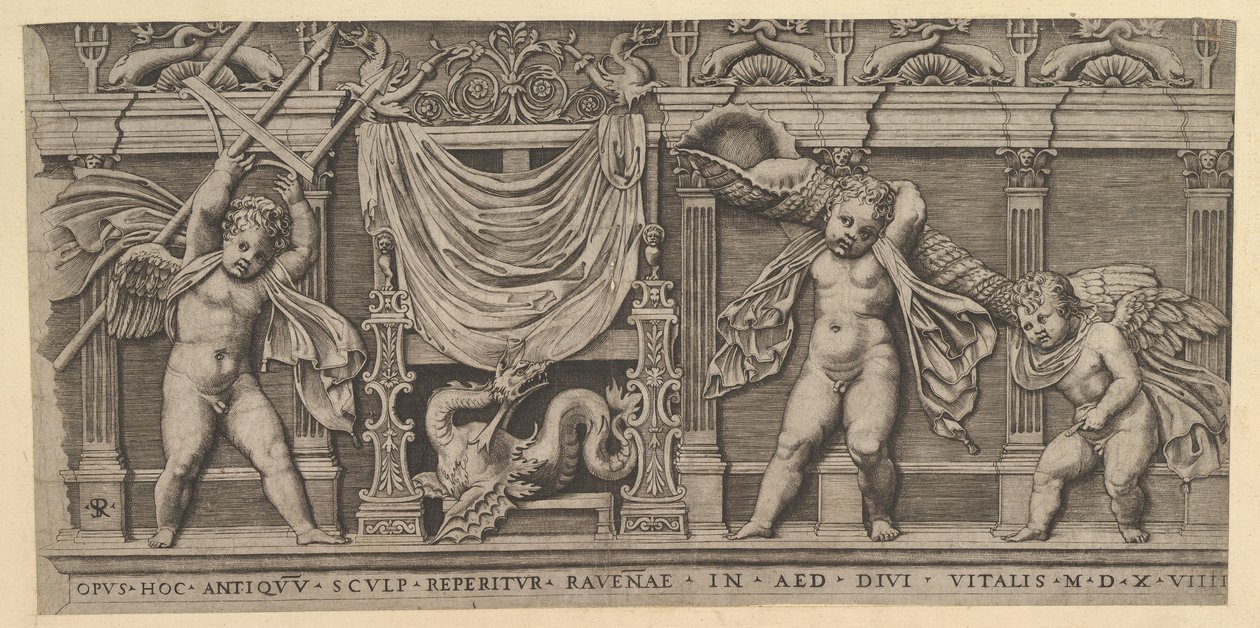 The Mirror of Roman Magnificence: Bas-relief med tre amoriner, 1519 af Marco Dente