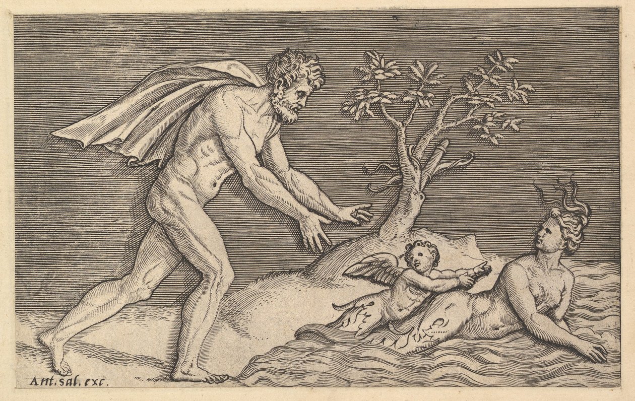 The Mirror of Roman Magnificence: Nøgen mand forfølger en Naiad, ca. 1515-1527. af Marco Dente