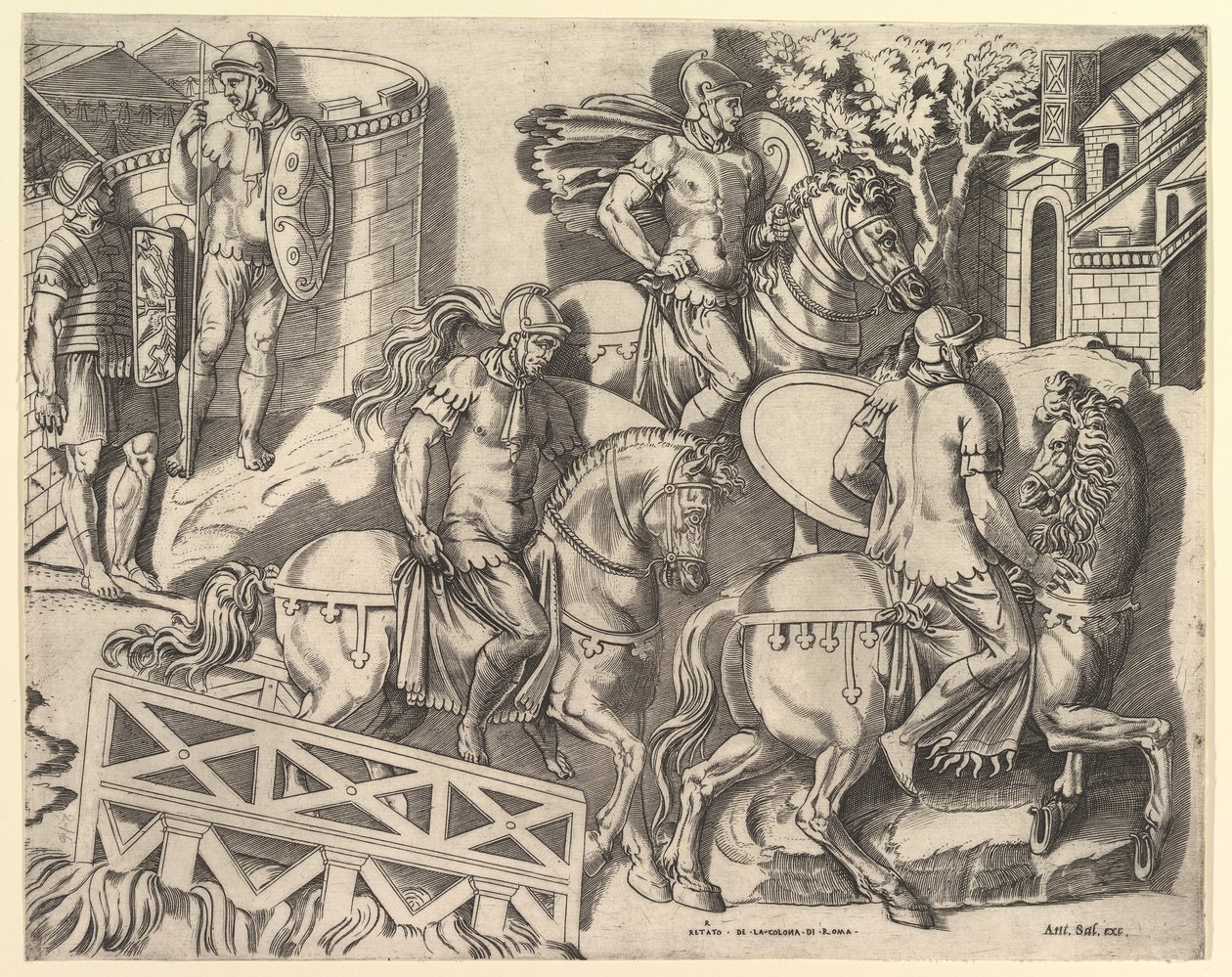 Mirror of Roman Magnificence: Romerske ryttere krydser en bro fra Trajans C..., 1500-tallet. af Marco Dente