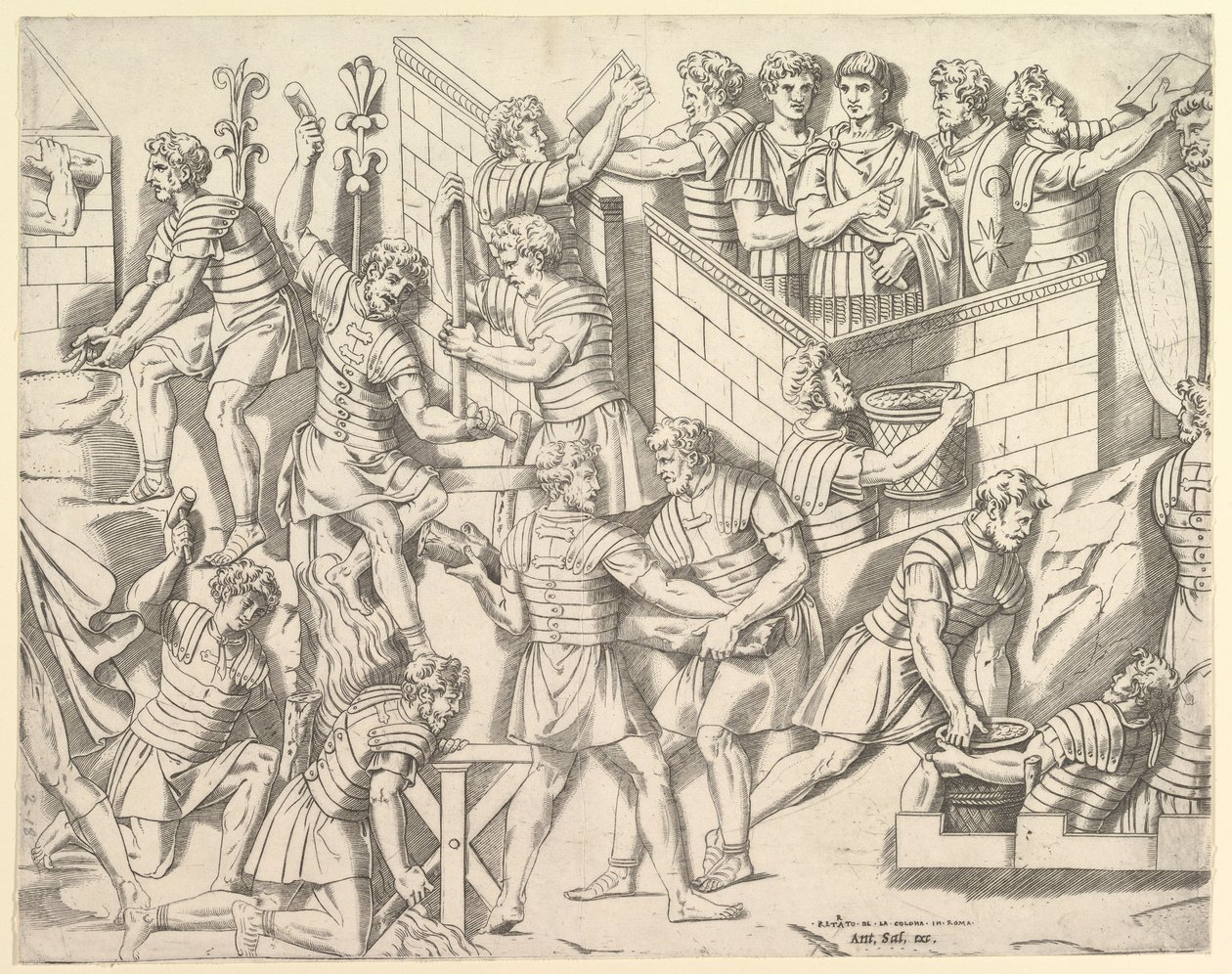 Romerske soldater, der befæster deres lejr, fra Trajan..., 1500-tallet. af Marco Dente