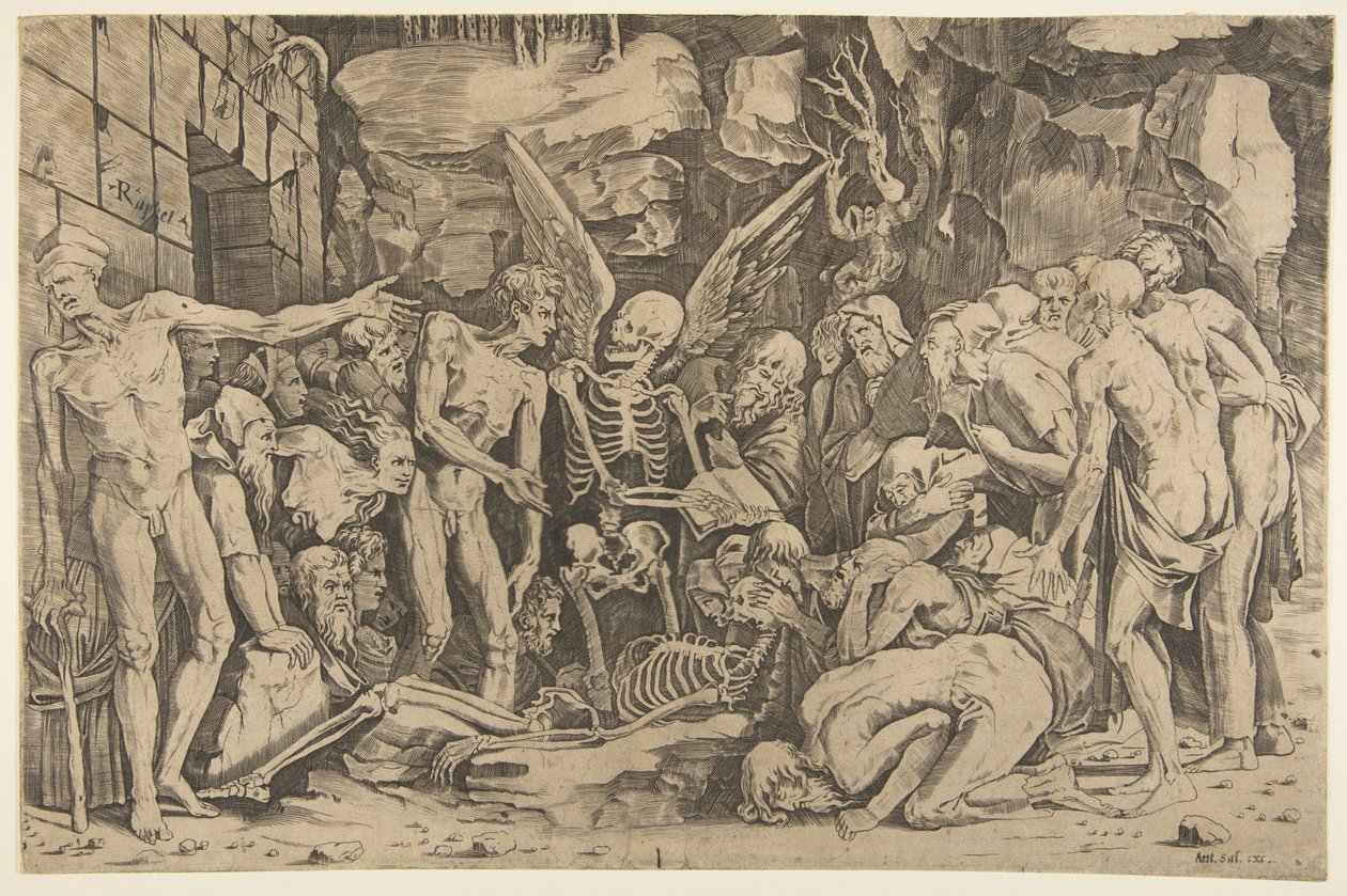 Skeletterne, en gruppe afmagrede mænd og kvinder samlet omkring et skelet lagt på ..., 1515-27. af Marco Dente