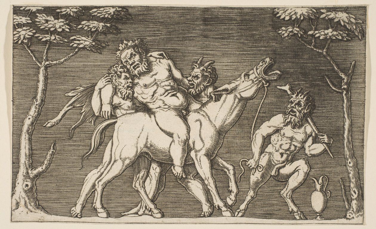 To satyrer placerer Silenus på et muldyr og en tredje satyr til højre, ca. 1515-27. af Marco Dente