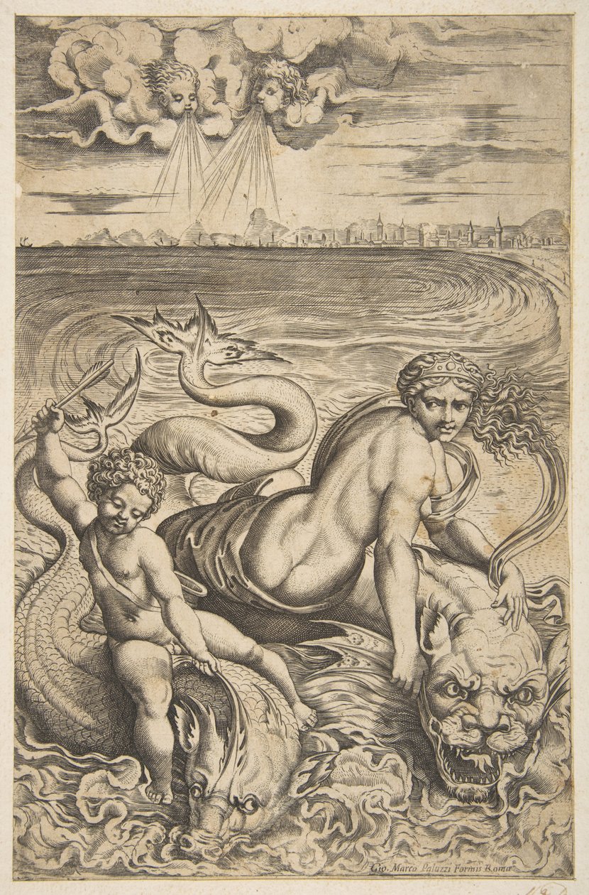 Venus og Amor rider på to havmonstre, Amor hæver en pil i sin højre hånd, t..., ca. 1515-27. af Marco Dente