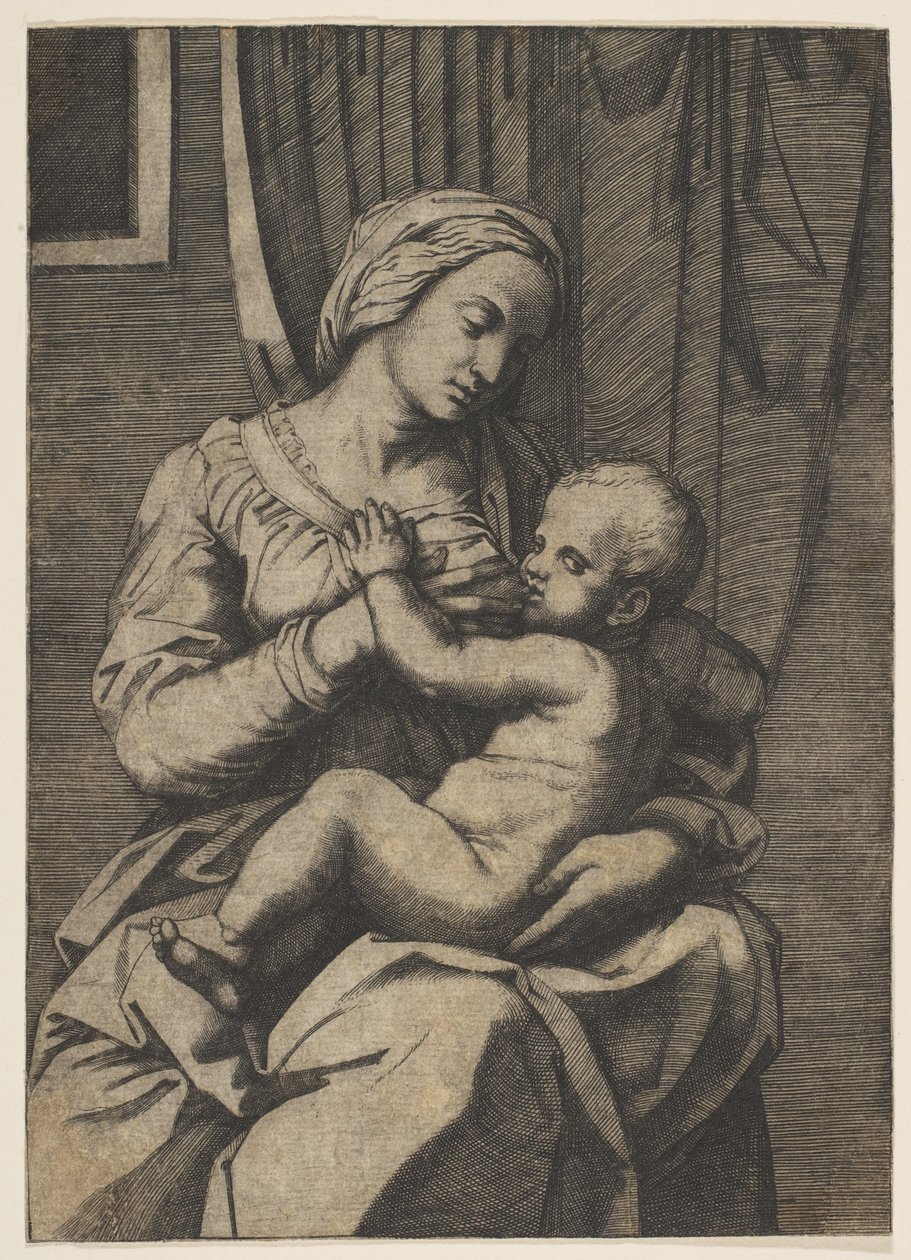 Jomfru, der ammer spædbarnet Kristus på skødet, 1515-20. af Marco Dente