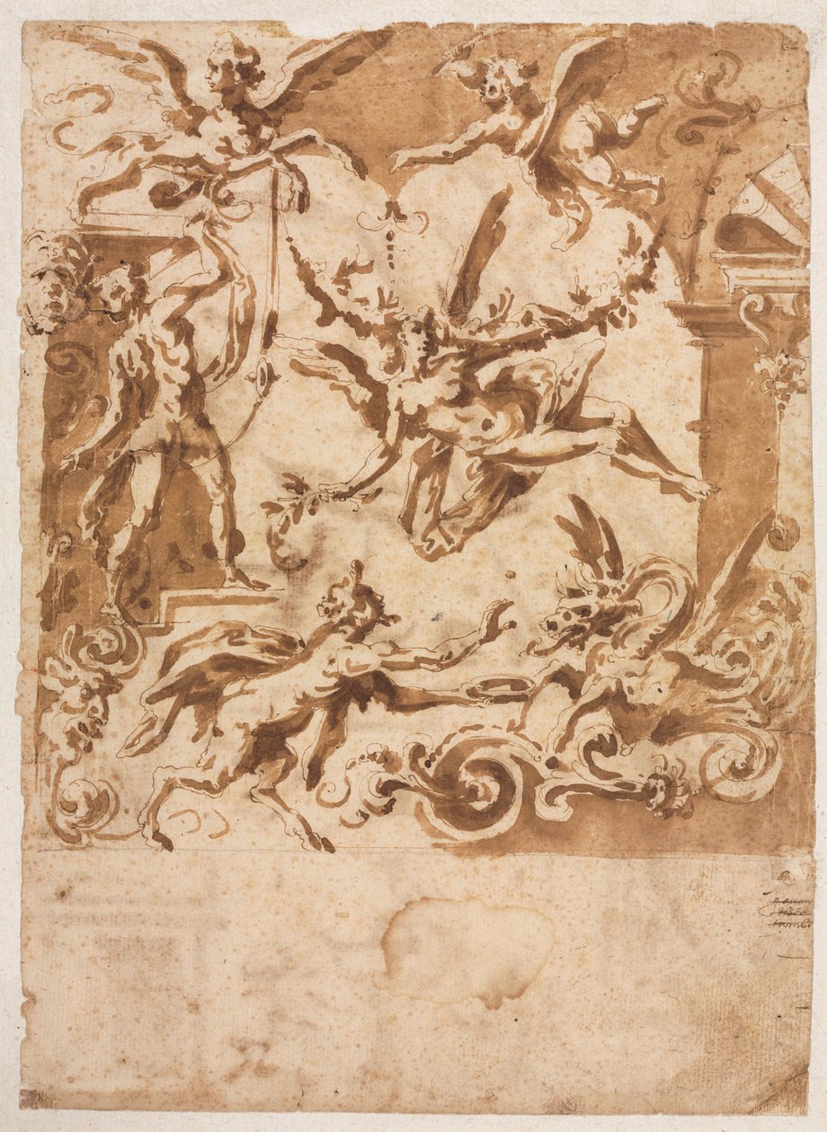 Grotesk med en satyr, der fodrer en drage (recto) af Marco Marchetti