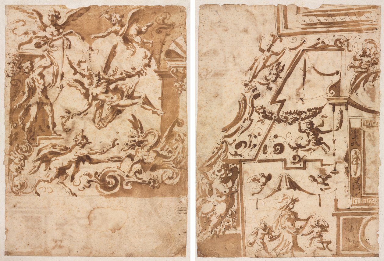 Grotesk med en Satyr, der fodrer en drage (recto); Grotesk med en springende kentaur (verso) af Marco Marchetti