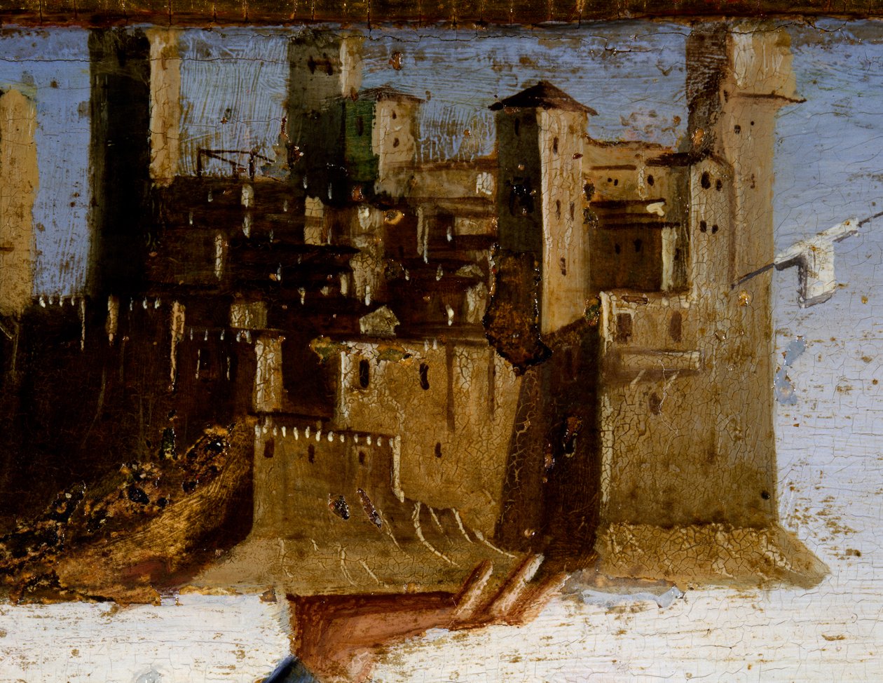 Tronet Madonna og helgener, detalje af Predella af St. Adrian af Marco Palmezzano (ca 1460-1539), St Francis Church, Matelica, Marche, Italien, detaljer af Marco Palmezzano