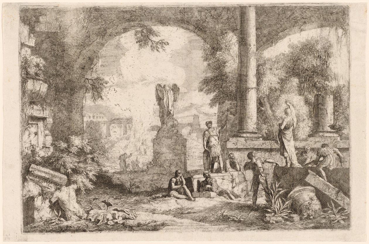 Capriccio af antikke ruiner med mænd, der stirrer på en klassisk taler af Marco Ricci