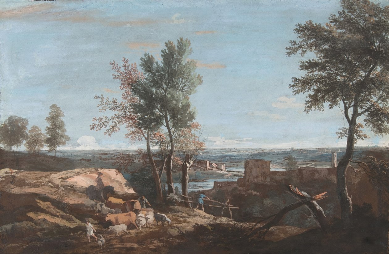 Udstrakt pastoralt landskab, ca. 1700-1730. af Marco Ricci