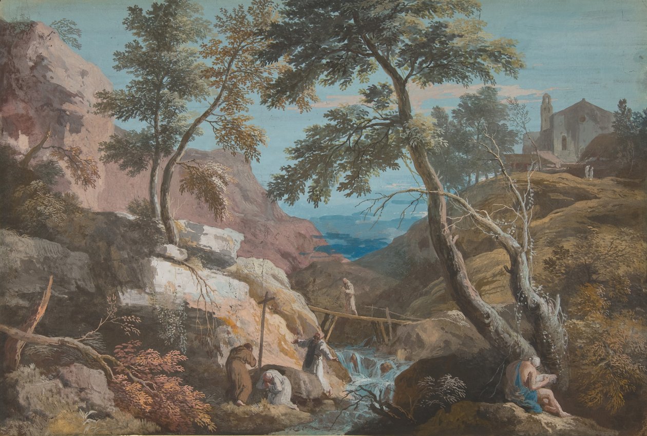 Bjerglandskab med eremitter, ca. 1700-1730. af Marco Ricci