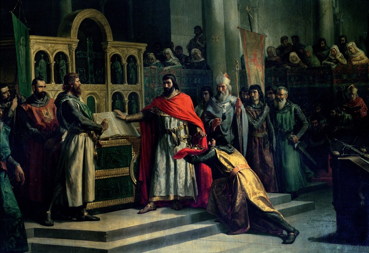 Eden fra Santa Gadea, El Cid Campeador (ca. 1043-99) uddrager en ed fra Alfonso VI (ca. 1040-1109), kongen af Castille, om, at han i år 1072 ikke havde nogen del i mordet på sin bror Sancho II (ca. 1083-1072) (olie på lærred) af Marcos Hiraldez de Acosta