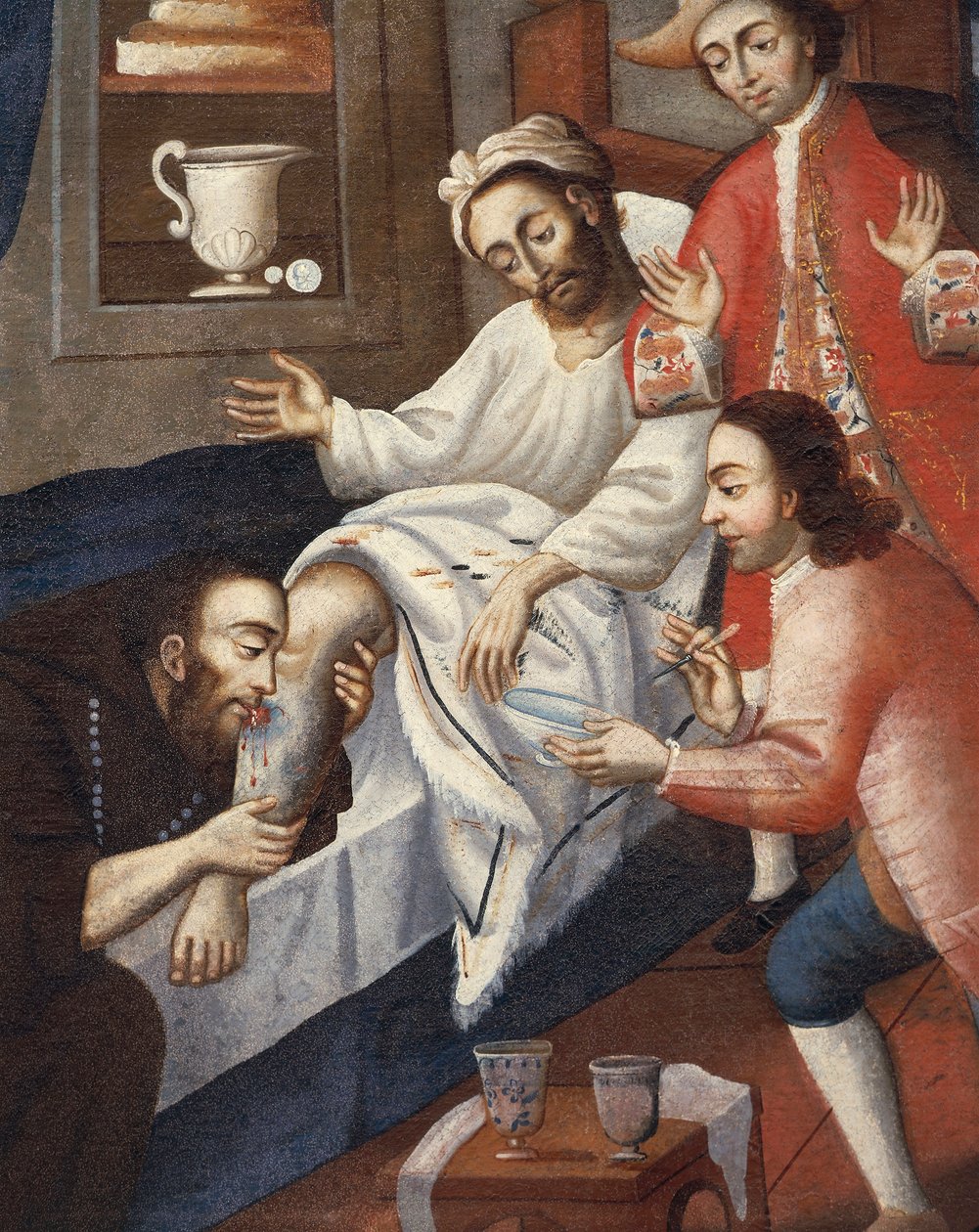 Religiøse mænd behandler en patient på St. Andrew Hospital, Cuzco (olie på lærred) af Marcos Zapata