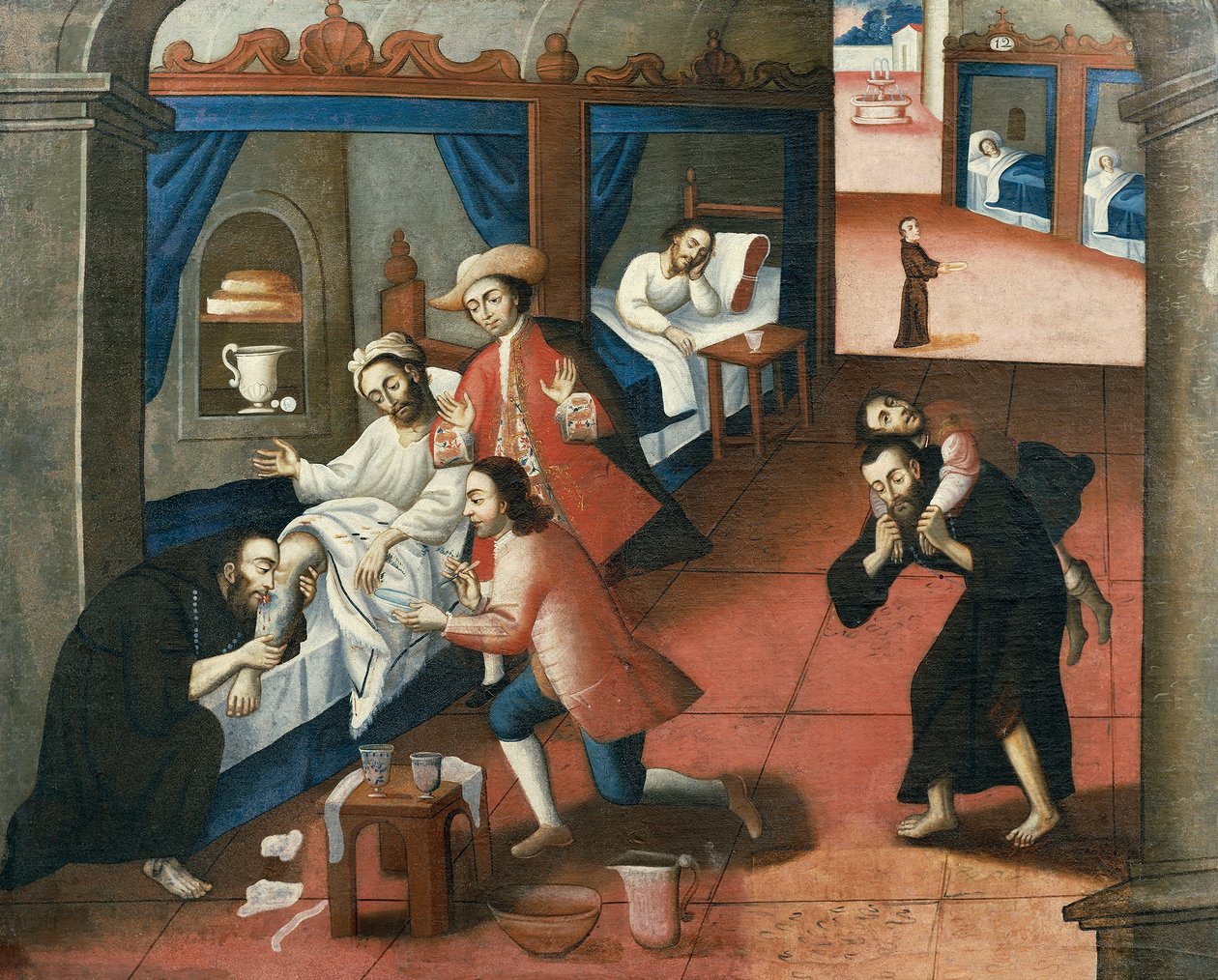 Religiøse mænd behandler en patient på St. Andrew Hospital, Cuzco (olie på lærred) af Marcos Zapata