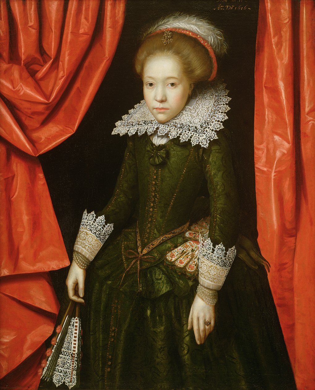 Portræt af en pige af familien de Ligne, 1616 (en af et par) (se også 142776) af Marcus Gheeraerts