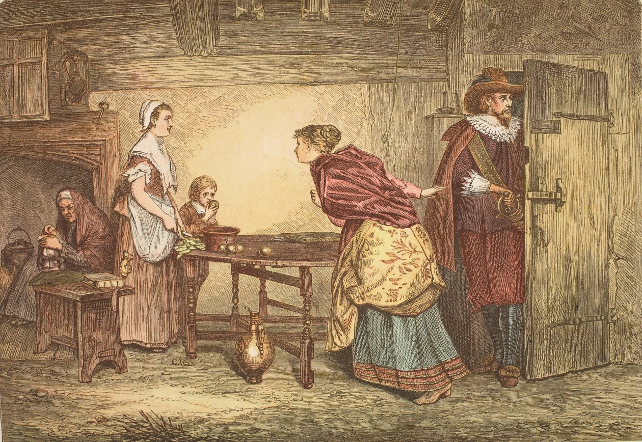 Royalister, der søger tilflugt i en puritaners hus, indgraveret af J.D. Cooper af Marcus Stone