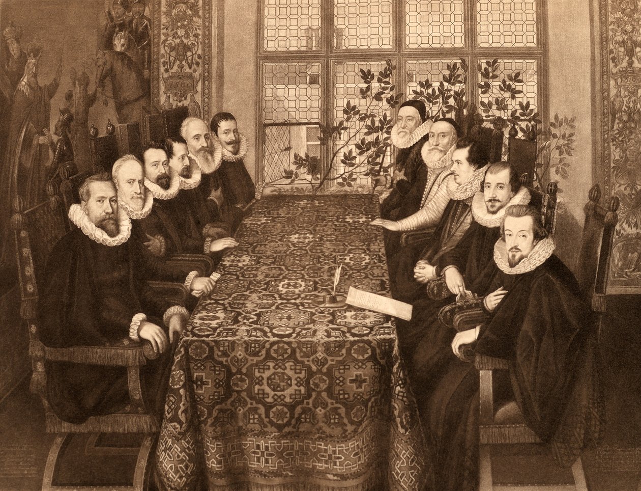 Konferencen den 18. august 1604, fra "James I and VI", trykt af Manzi Joyant und Co. Paris, 1904 (collotype) af Marcus Garret Gheeraerts the Younger