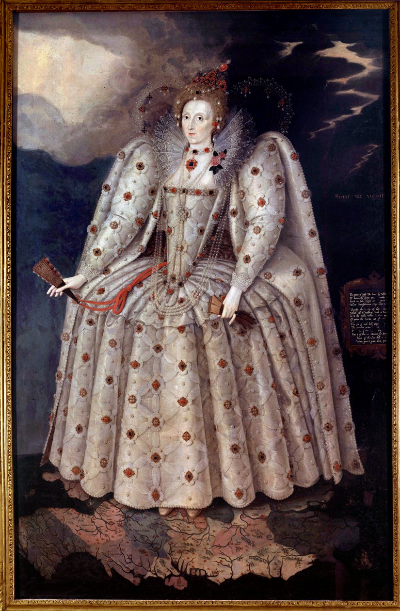 Fodportræt af dronning Elisabeth (Elizabeth) Iere af England Maleri af Marcus Gheeraerts (Gerards eller Geerards) den unge (1561-1635) Omkring 1592 Søn. 2,41x1,52 m London, National Portrait Gallery af Marcus Gheeraerts