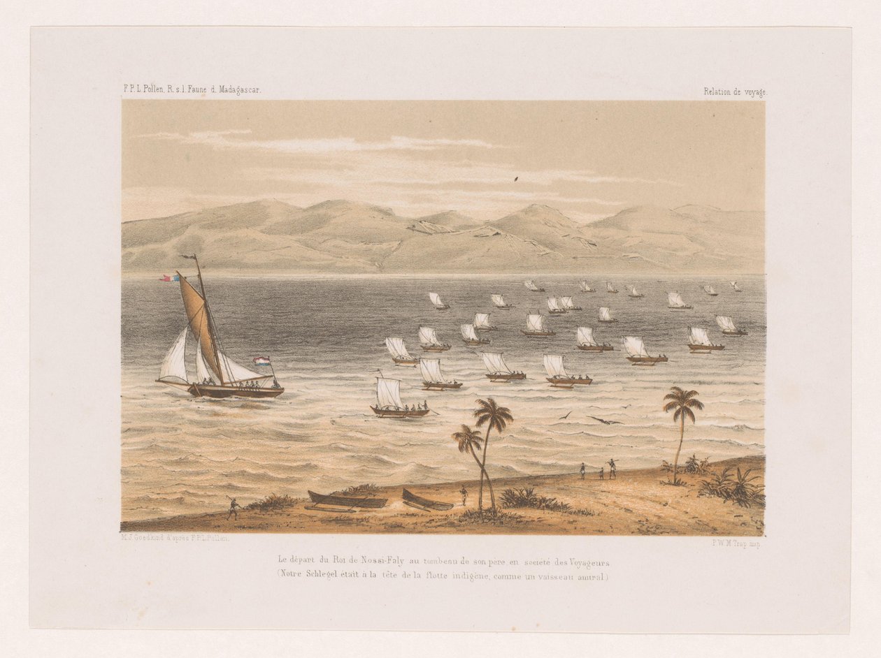 Kongen af ​​Nossi-Faly tog af sted til sin fars begravelse Le départ du Roi de Nossi-Faly au tombeau de son père en société des Voyageurs (...) (titel på objektet) Rejse af François P.L. Pollen til Madagaskar (serietitel) F.P.L. Pollen R. s af Marcus Jacob Goedkind