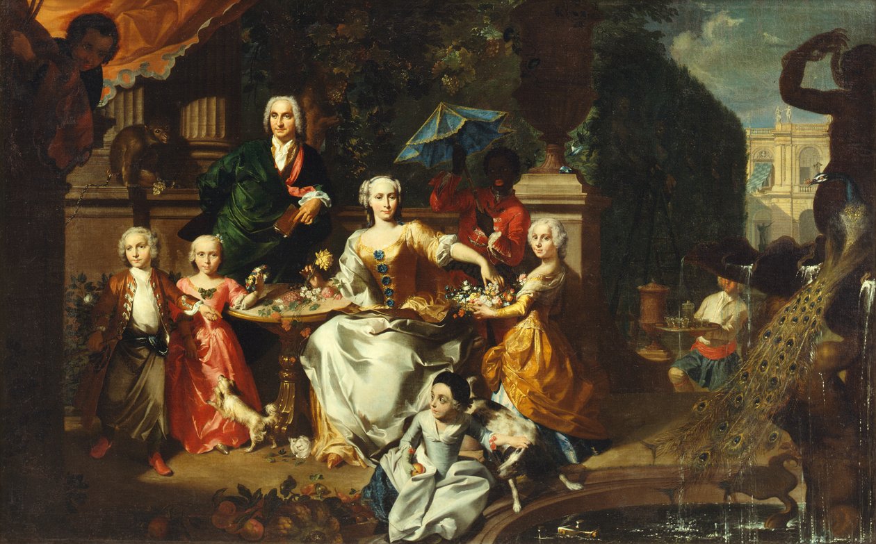 En familiegruppe på en terrasse i en villas grund. Muligvis den engelske forretningsmand George Jackson og hans familie af Marcus Tuscher