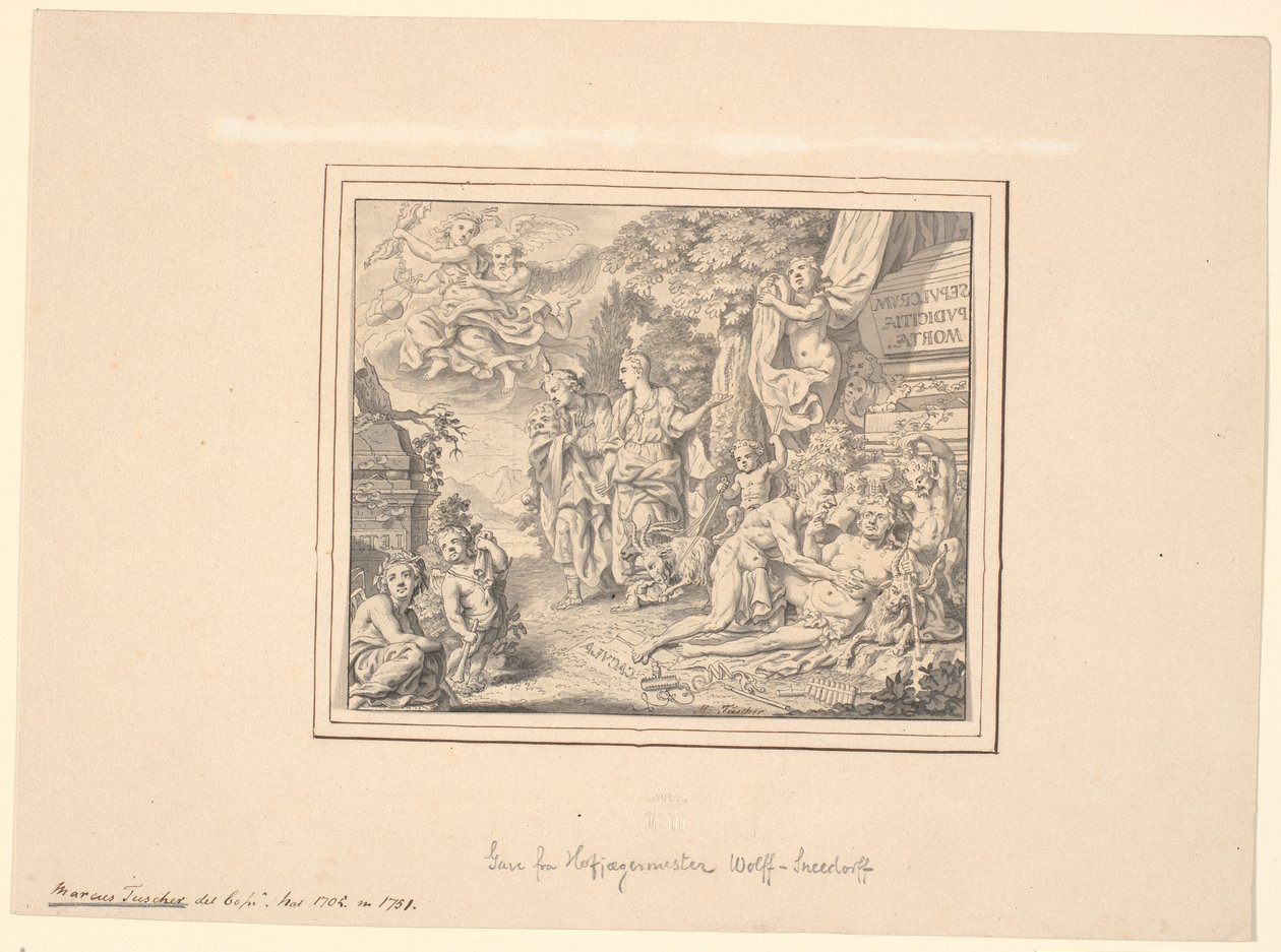 Allegorisk blad med den drukne Silen og andre mytologiske og allegoriske figurer ved en sarkofag med indskriften: "Sepulcrum pudicitiae mortae" af Marcus Tuscher