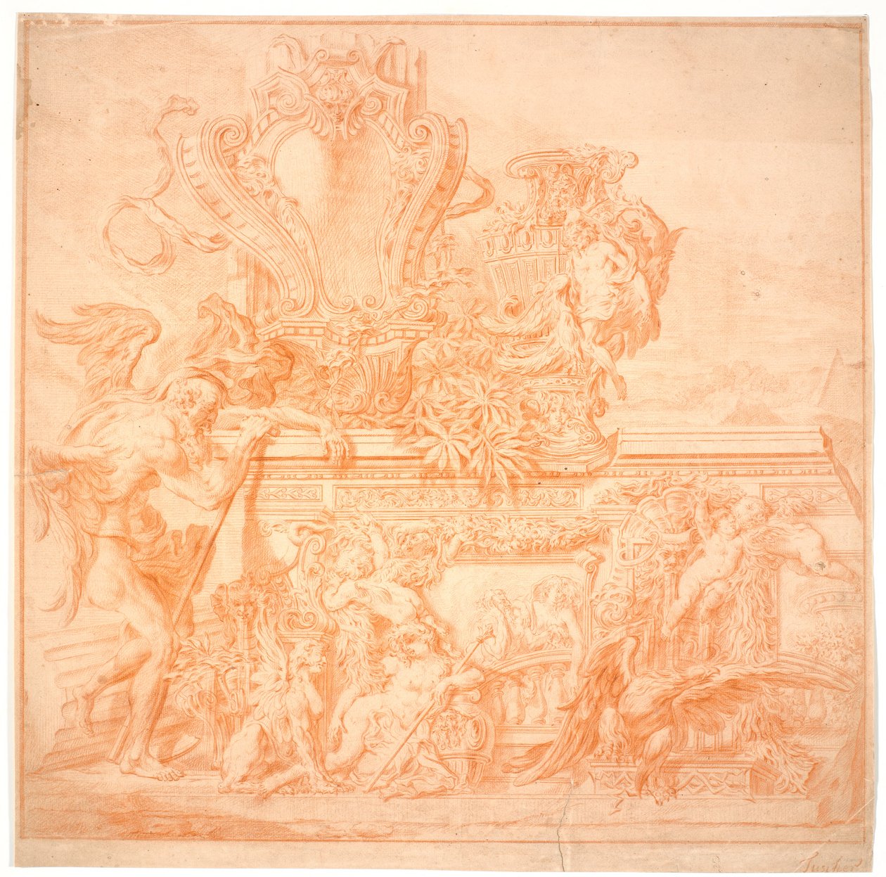 Dekorationsudkast med en gammel mand, symboliserende tiden, et skjold, en vase, en ørn og flere allegoriske figurer af Marcus Tuscher