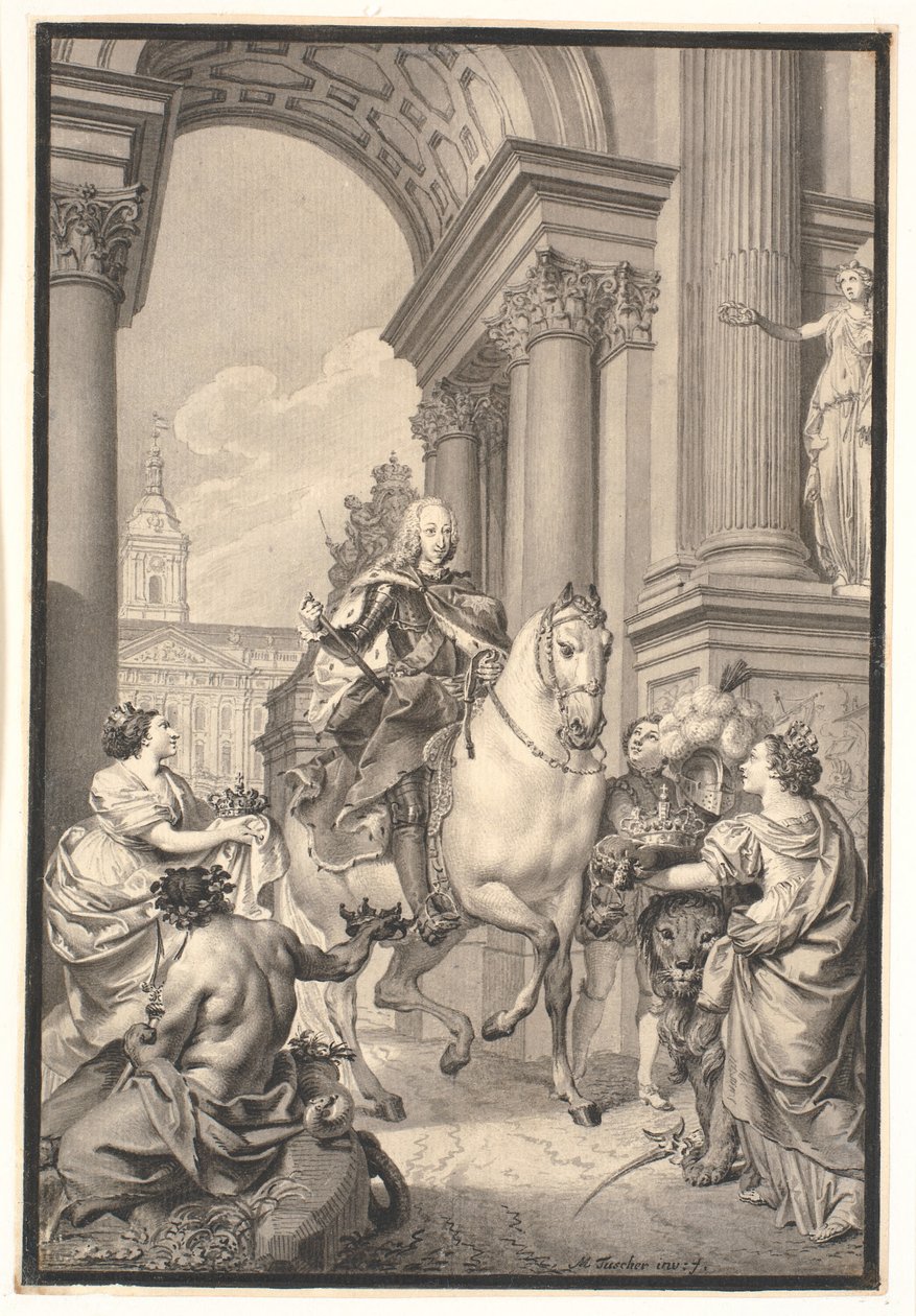 Forarbejde til maleriet: Danmark og Norge hylder Chr. VI (brændt med Christiansborg 1794) af Marcus Tuscher