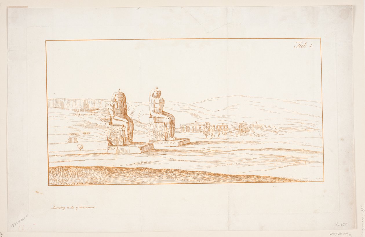 Illustration til "Tegninger af nogle ruiner og kolossale statuer ved Theben i Egypten med en beretning om berømmelsen i et brev til Royal Society", London 1741 af Marcus Tuscher