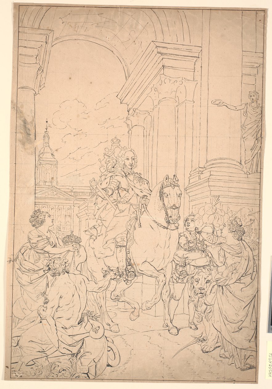 Udkast til maleriet: Danmark og Norge hylder Chr. VI (brændt med Christiansborg 1794) af Marcus Tuscher