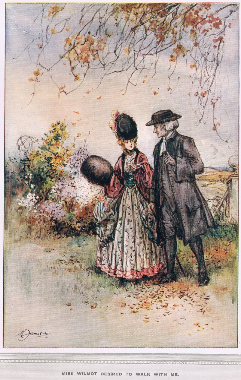 "Miss Wilmot ønsker at gå en tur med mig", illustration fra "The Vicar of Wakefield" af Oliver Goldsmith, ca. 1910 af Margaret Jameson