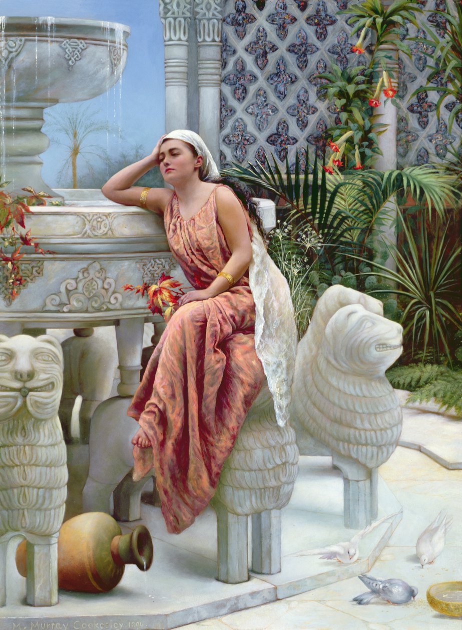 Et afslappende øjeblik ved Løvefontænen ved Alhambra, Spanien, 1894 af Margaret Murray Cookesley