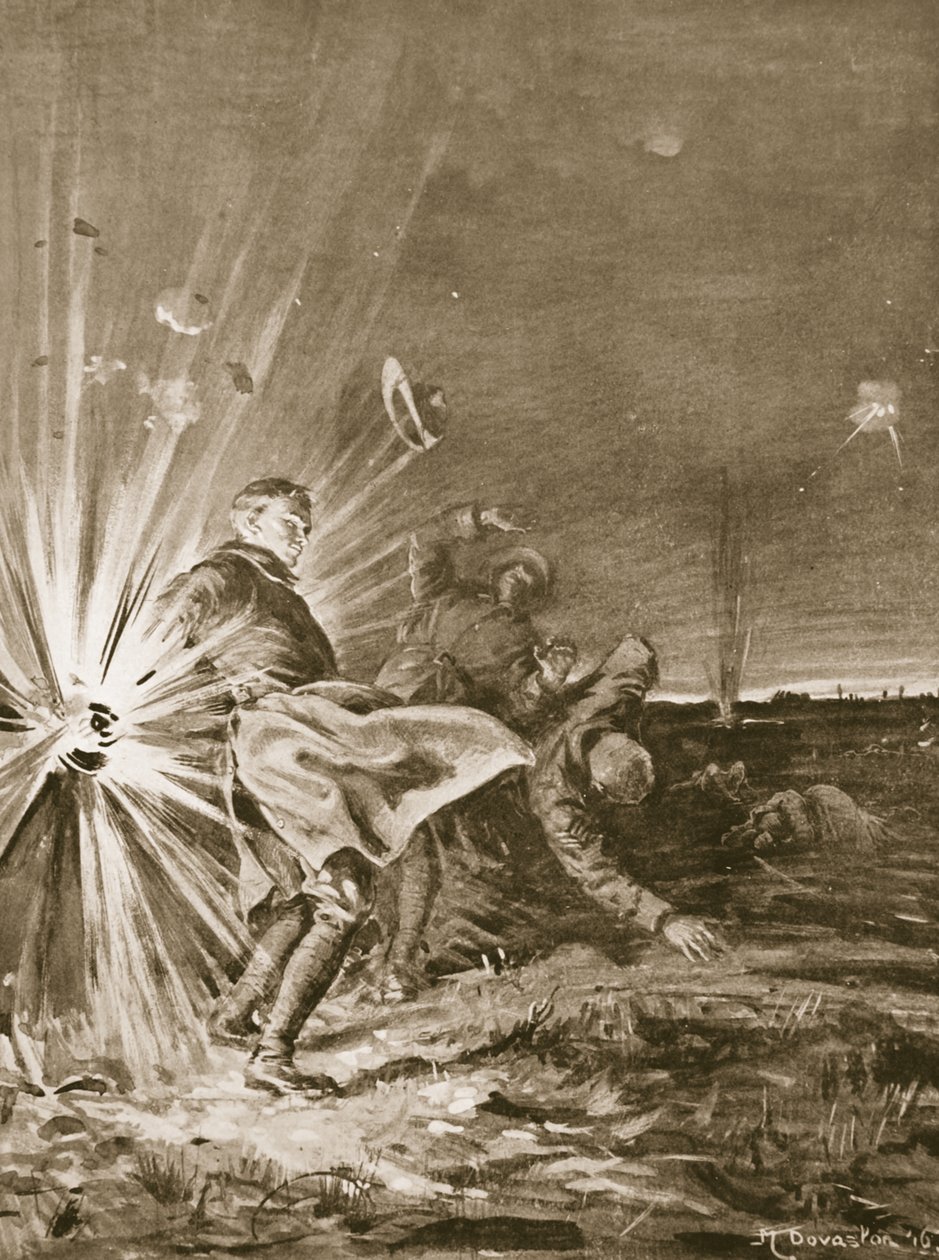 En granat eksploderer tæt på menig Jackson og blæser hans arm af, da han hjælper med at bringe en såret ind (litografi). af Margaret Dovaston