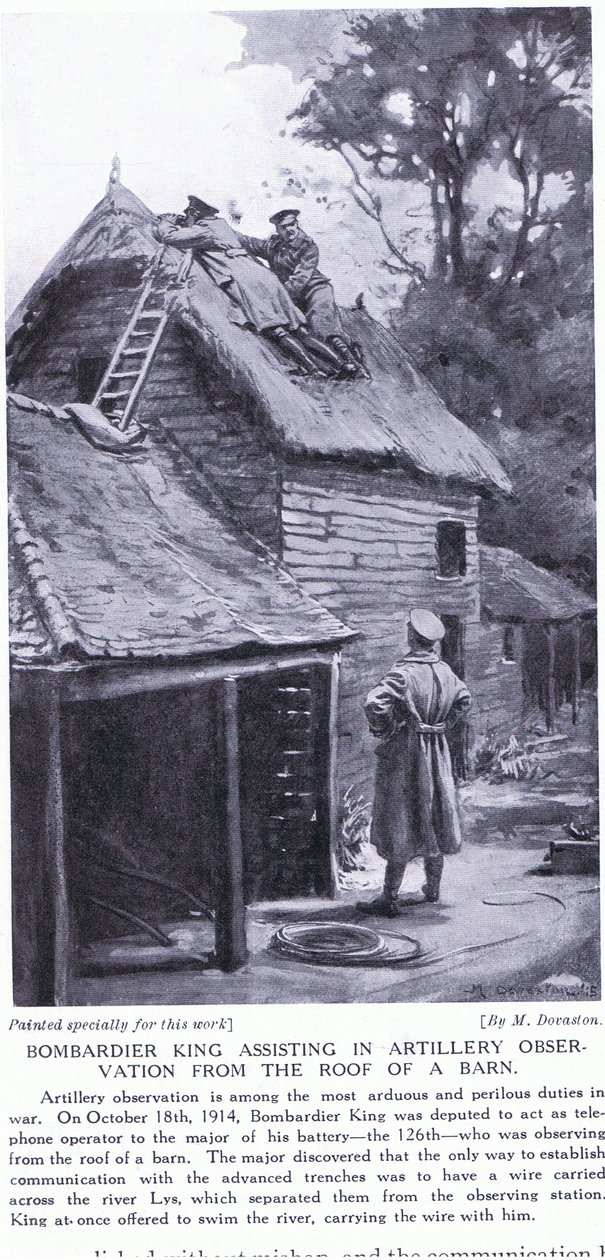 Bombadier King hjælper med artilleriobservationer fra taget af en lade på den anden side af floden Lys oktober 1914 (litografi) af Margaret Dovaston