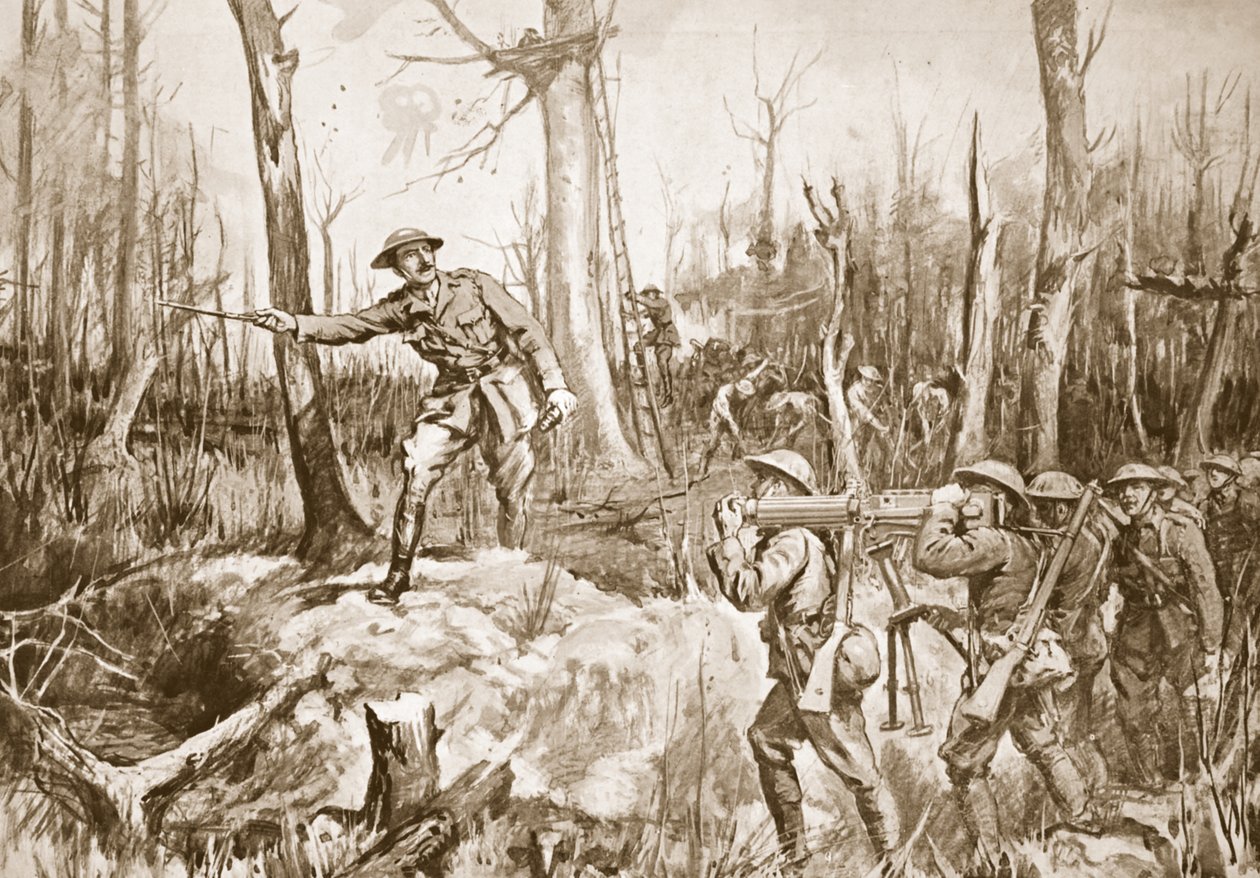 Kaptajn (midlertidig oberstløjtnant) R.B. Barker organiserer forsvaret af en skov (litografi) af Margaret Dovaston