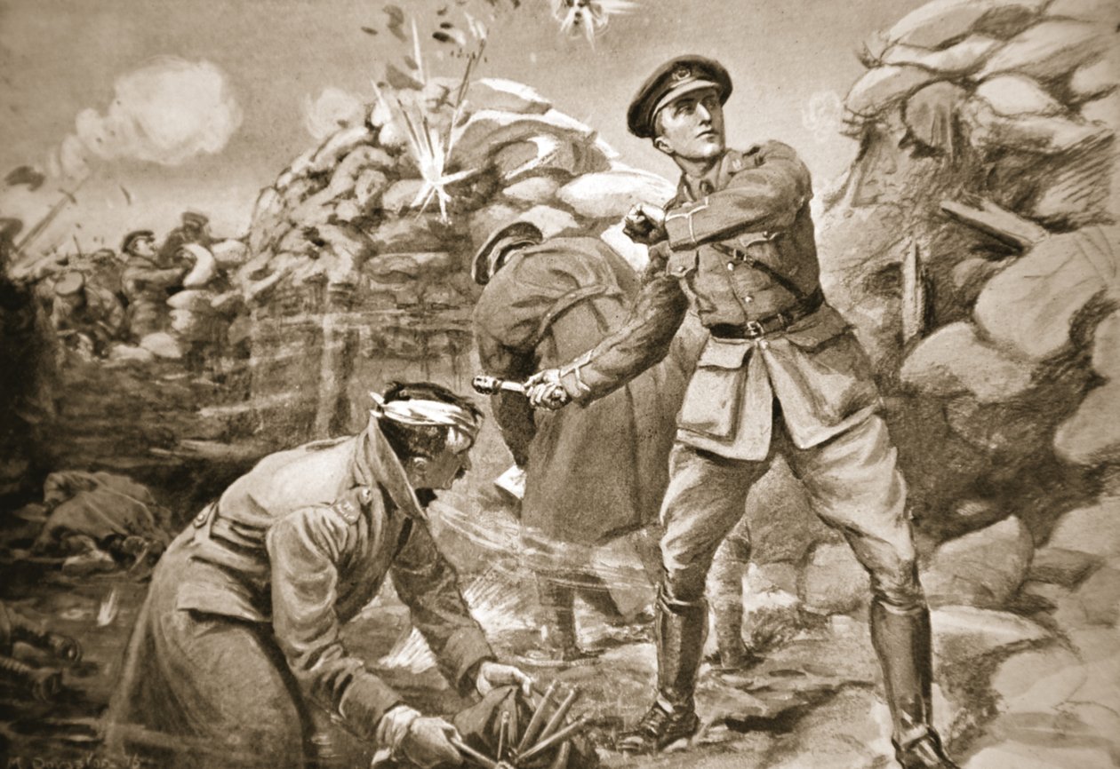 Kaptajn Vickers holdt fjenden på afstand, mens der blev bygget en barriere bag ham (litografi) af Margaret Dovaston
