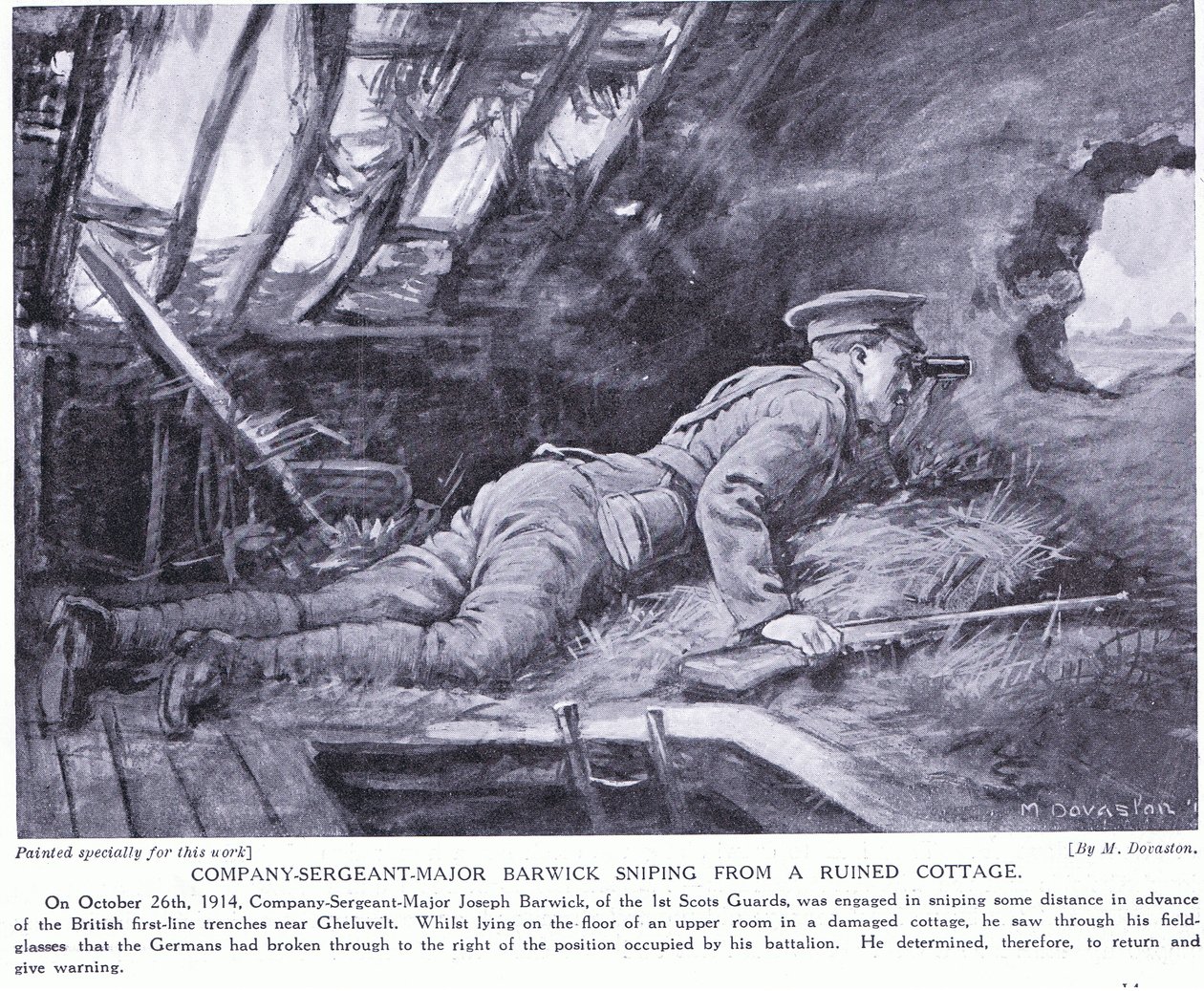Kompagnisergent Major Barwick skyder fra en ødelagt hytte ved Ghehuvelt oktober 1914 (litografi) af Margaret Dovaston