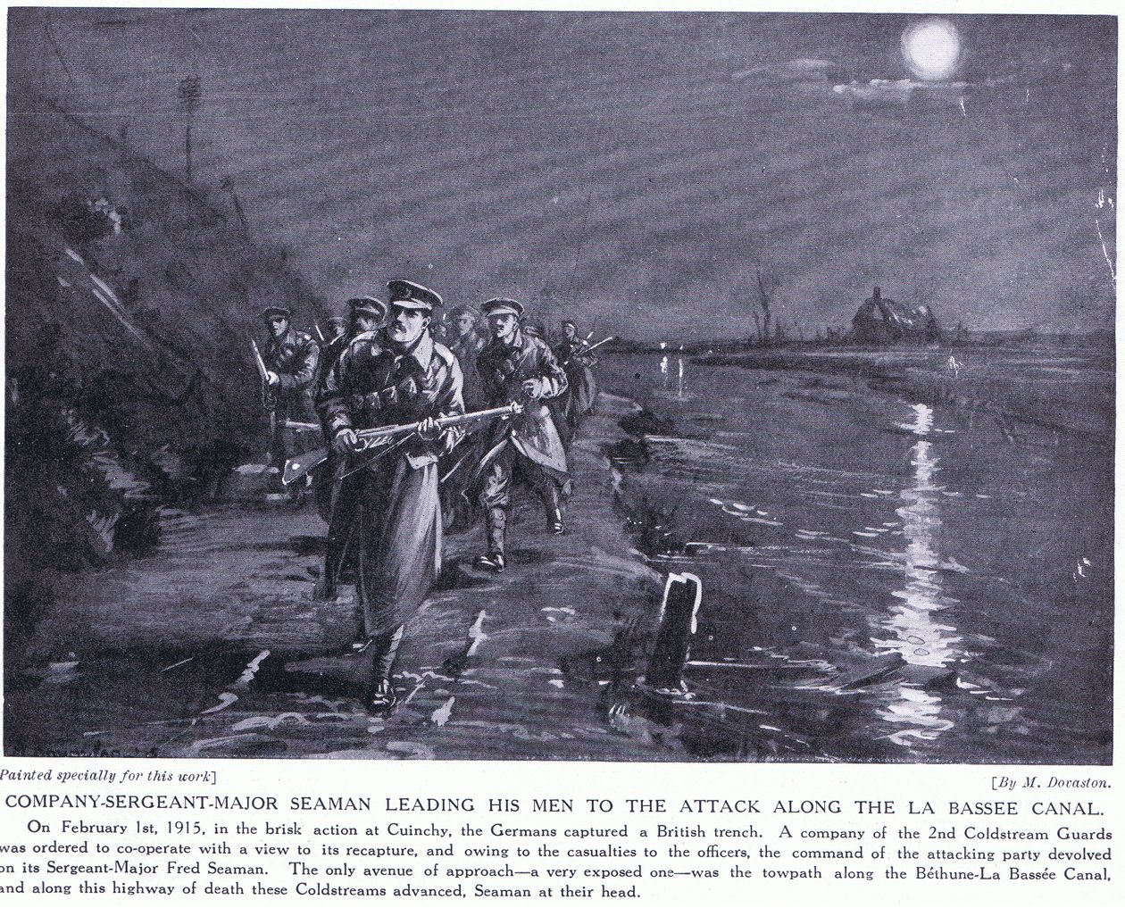 Kompagniets sergent, major Seaman, fører sine mænd langs La Basse-kanalen i februar 1915 (litografi) af Margaret Dovaston